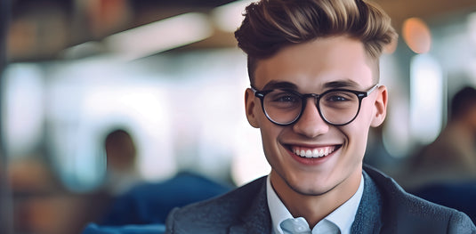 Gentleman, wearing new glasses in office environment, prescription glasses, purchased directly from wewillspecyou.com